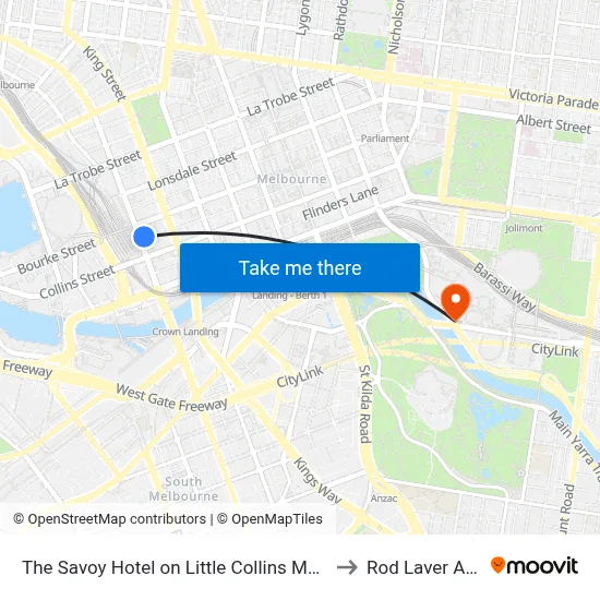 The Savoy Hotel on Little Collins Melbourne to Rod Laver Arena map