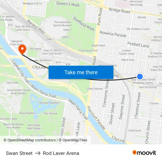 Swan Street to Rod Laver Arena map