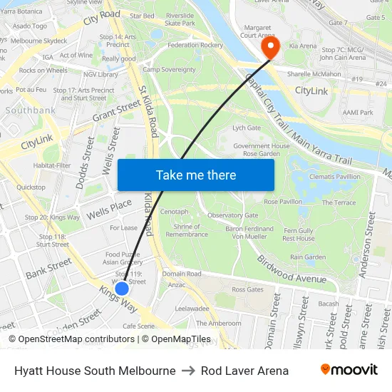 Hyatt House South Melbourne to Rod Laver Arena map