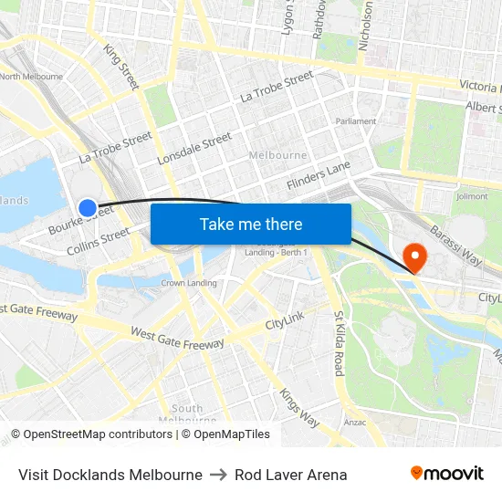 Visit Docklands Melbourne to Rod Laver Arena map