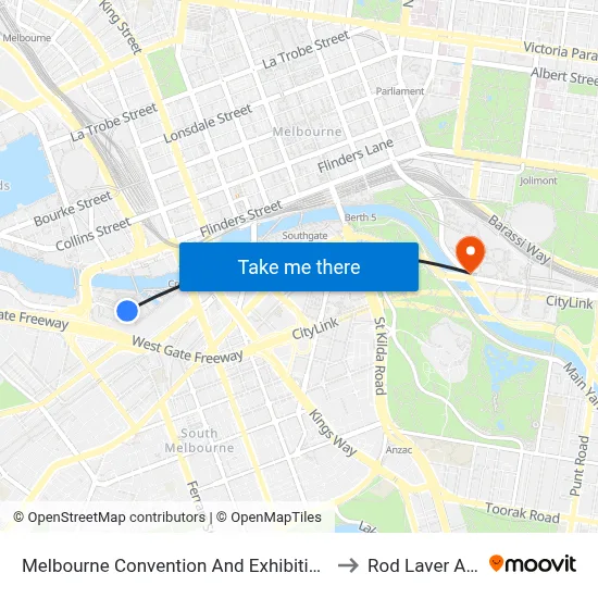 Melbourne Convention And Exhibition Centre to Rod Laver Arena map