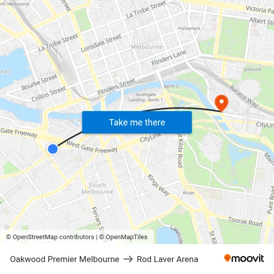 Oakwood Premier Melbourne to Rod Laver Arena map