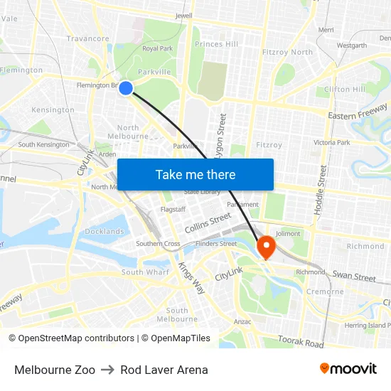 Melbourne Zoo to Rod Laver Arena map
