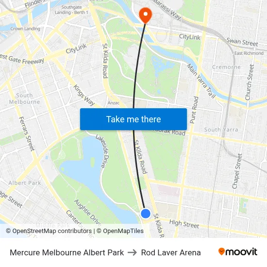 Mercure Melbourne Albert Park to Rod Laver Arena map