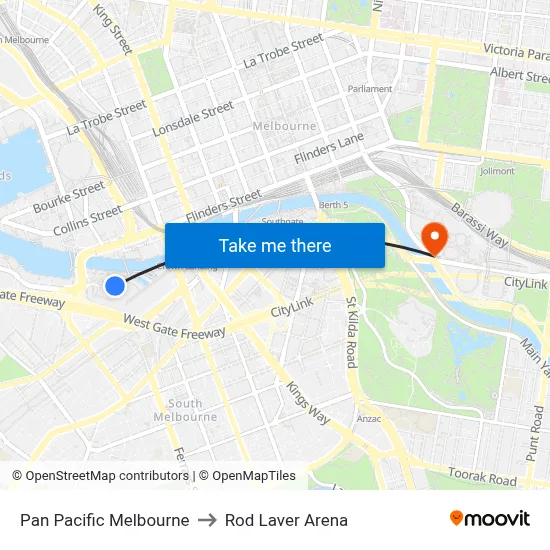 Pan Pacific Melbourne to Rod Laver Arena map