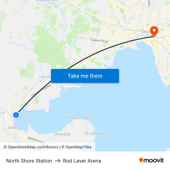 North Shore Station to Rod Laver Arena map