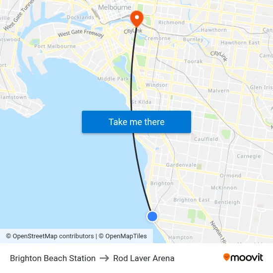 Brighton Beach Station to Rod Laver Arena map