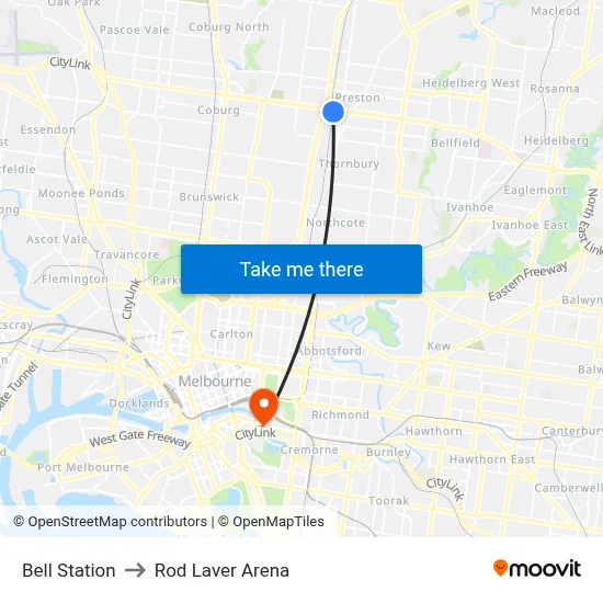 Bell Station to Rod Laver Arena map