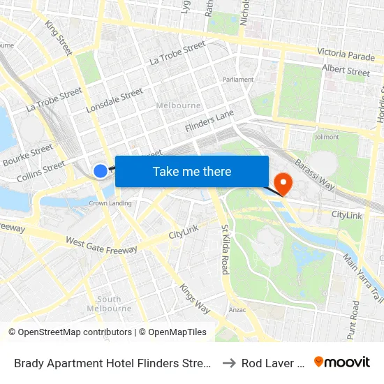 Brady Apartment Hotel Flinders Street, Melbourne to Rod Laver Arena map