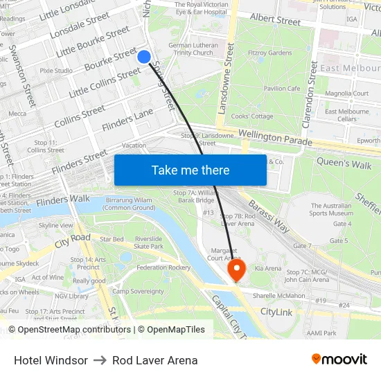 Hotel Windsor to Rod Laver Arena map