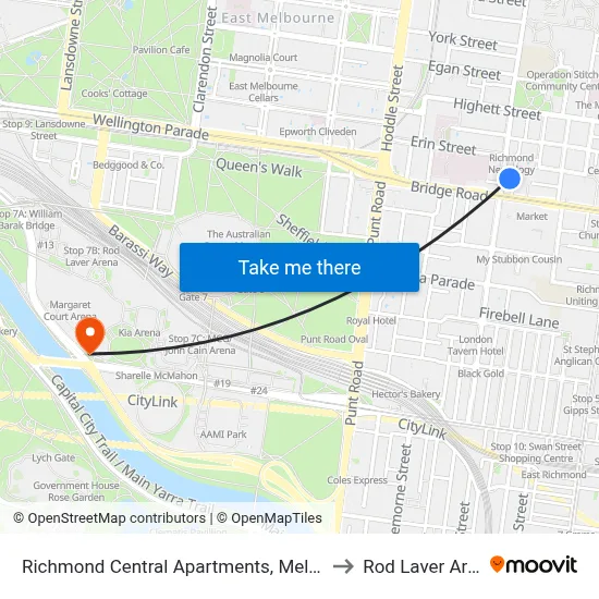 Richmond Central Apartments, Melbourne to Rod Laver Arena map