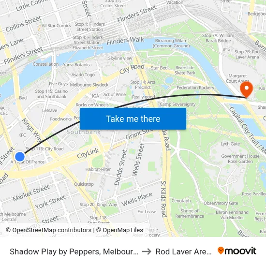 Shadow Play by Peppers, Melbourne to Rod Laver Arena map