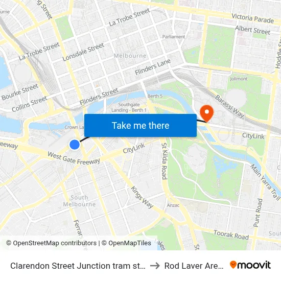 Clarendon Street Junction tram stop to Rod Laver Arena map