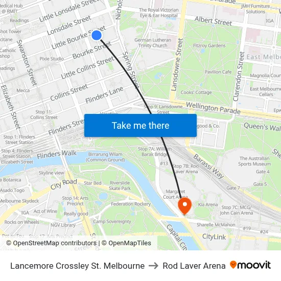 Lancemore Crossley St. Melbourne to Rod Laver Arena map