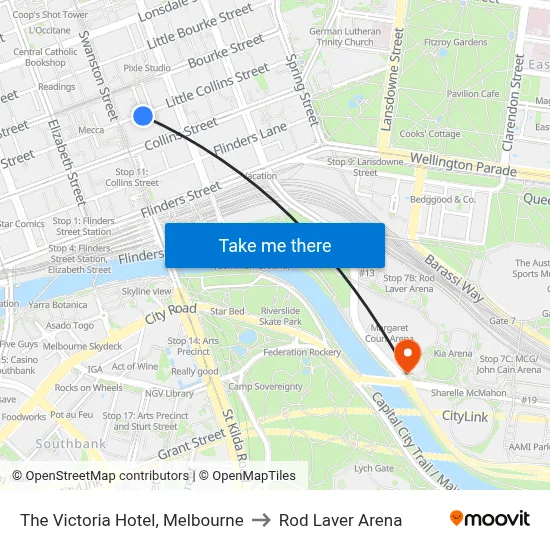 The Victoria Hotel, Melbourne to Rod Laver Arena map