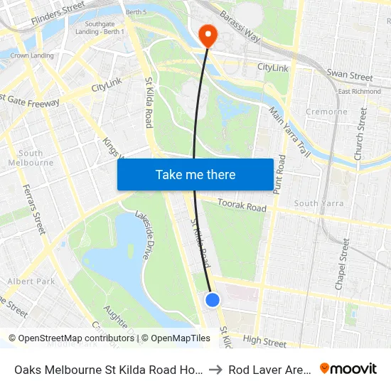 Oaks Melbourne St Kilda Road Hotel to Rod Laver Arena map
