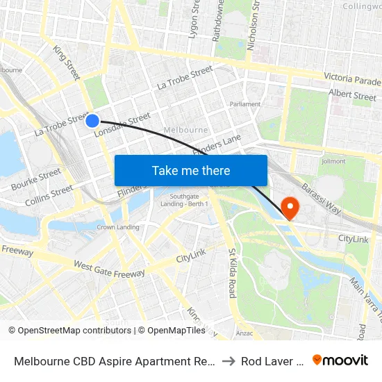 Melbourne CBD Aspire Apartment Resort Facilities to Rod Laver Arena map