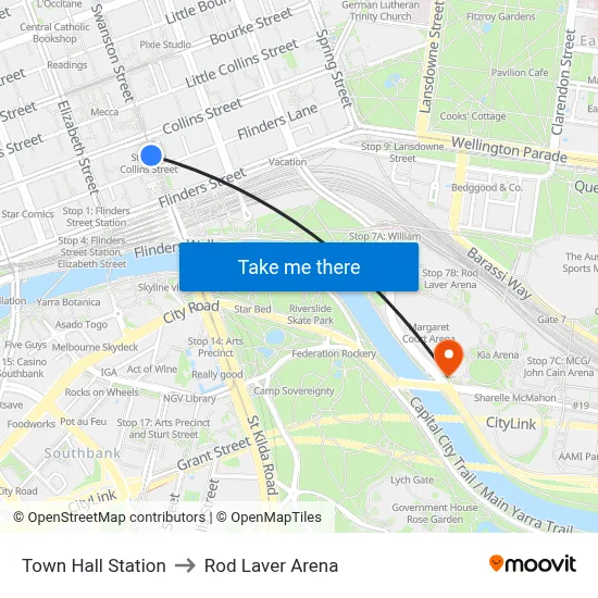 Town Hall Station to Rod Laver Arena map