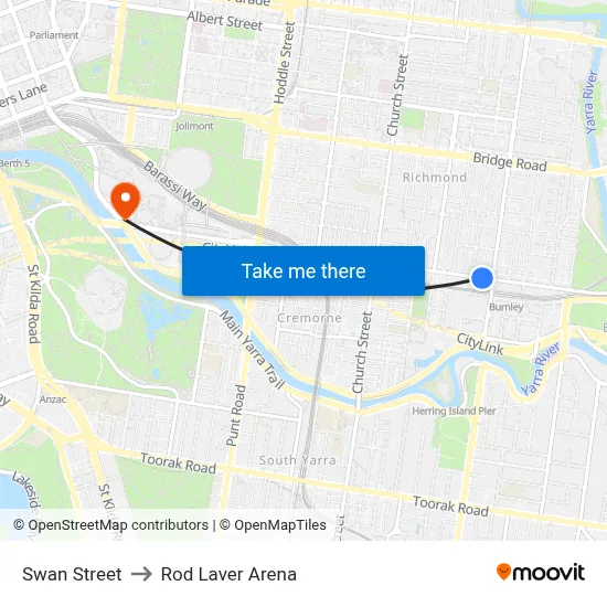 Swan Street to Rod Laver Arena map