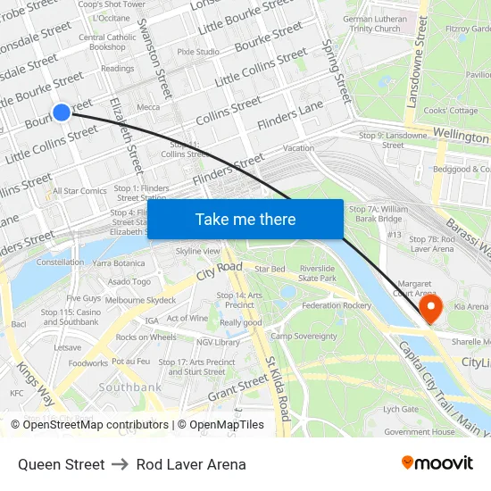 Queen Street to Rod Laver Arena map