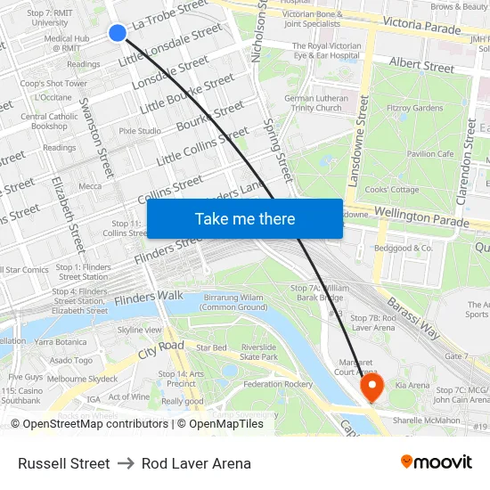 Russell Street to Rod Laver Arena map