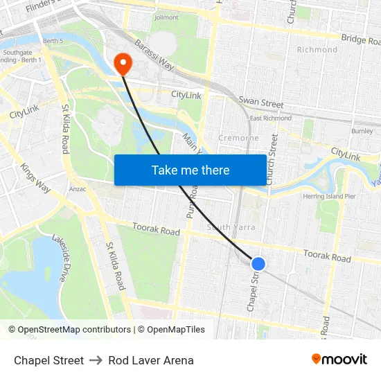 Chapel Street to Rod Laver Arena map