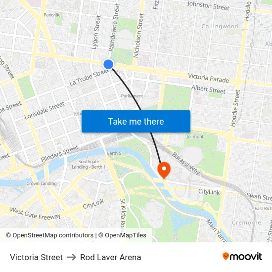 Victoria Street to Rod Laver Arena map