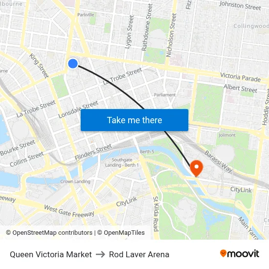 Queen Victoria Market to Rod Laver Arena map