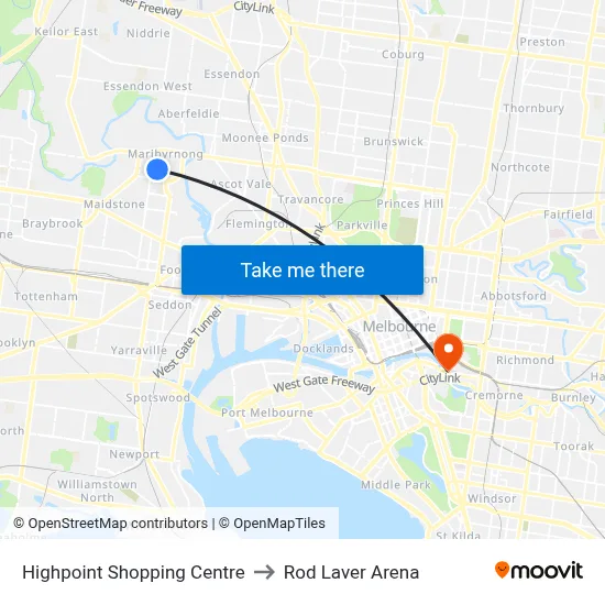 Highpoint Shopping Centre to Rod Laver Arena map