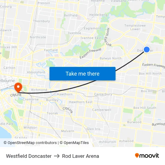 Westfield Doncaster to Rod Laver Arena map