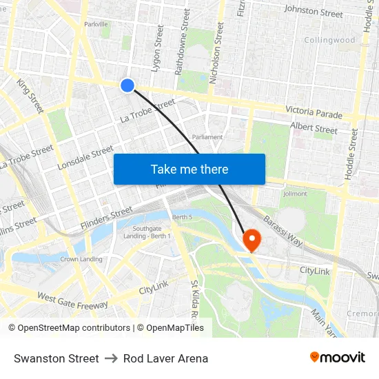 Swanston Street to Rod Laver Arena map