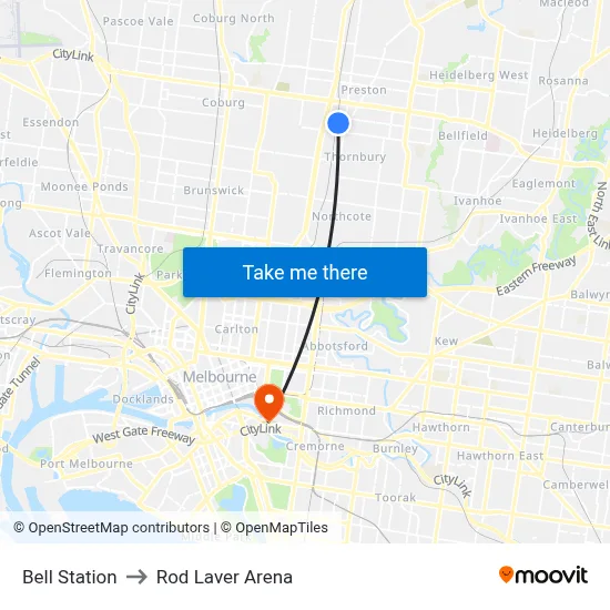 Bell Station to Rod Laver Arena map