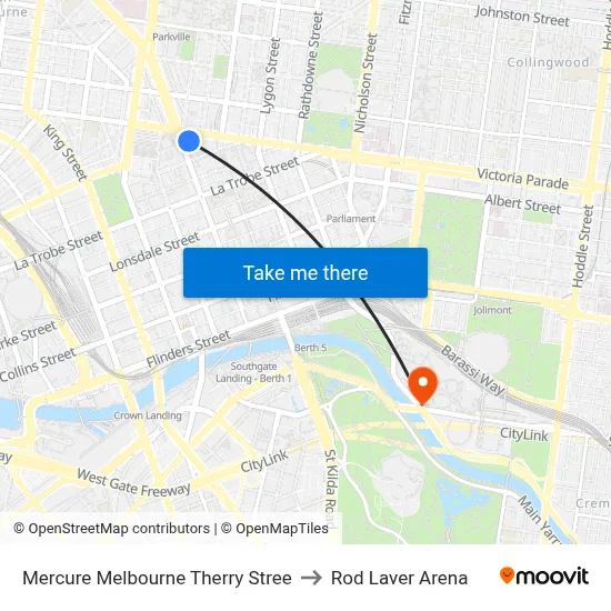 Mercure Melbourne Therry Stree to Rod Laver Arena map