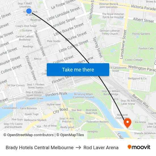Brady Hotels Central Melbourne to Rod Laver Arena map