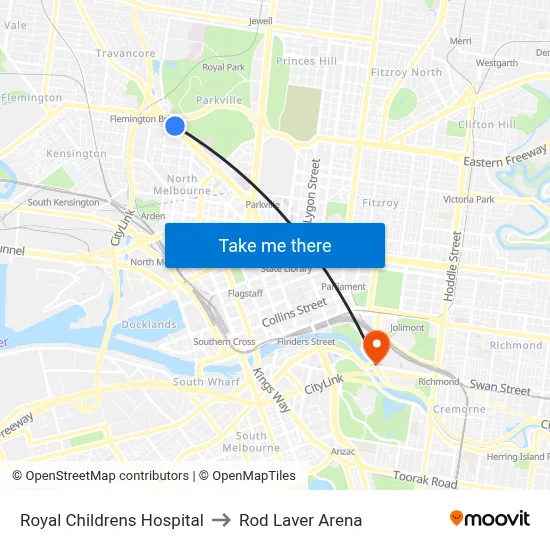 Royal Childrens Hospital to Rod Laver Arena map