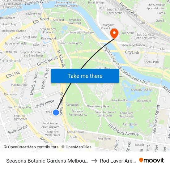 Seasons Botanic Gardens Melbourne to Rod Laver Arena map