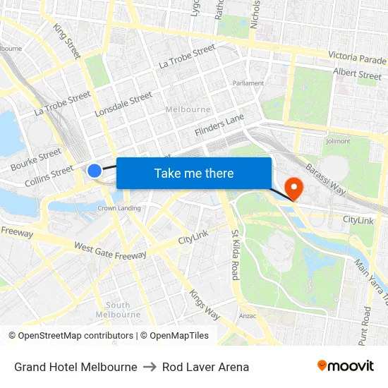 Grand Hotel Melbourne to Rod Laver Arena map