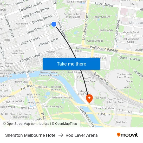 Sheraton Melbourne Hotel to Rod Laver Arena map