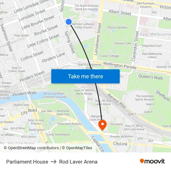Parliament House to Rod Laver Arena map