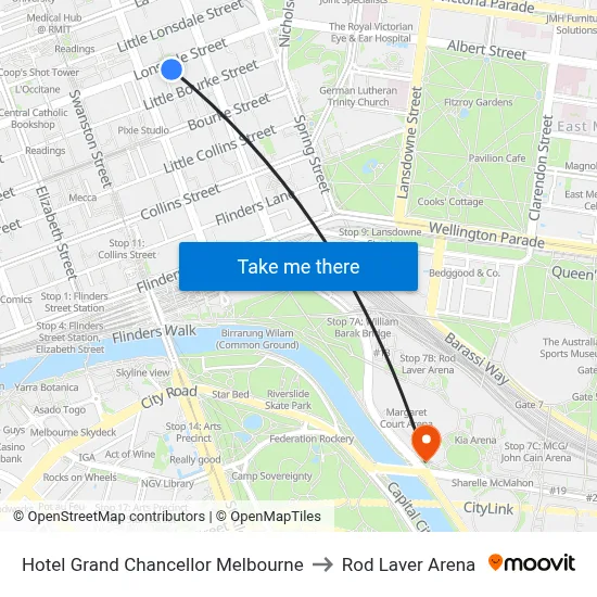 Hotel Grand Chancellor Melbourne to Rod Laver Arena map