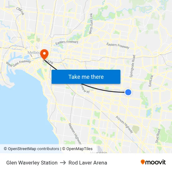 Glen Waverley Bus Interchange to Rod Laver Arena map