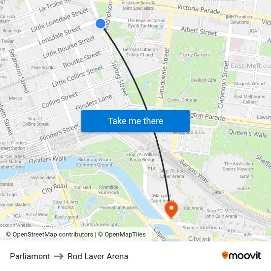 Parliament to Rod Laver Arena map