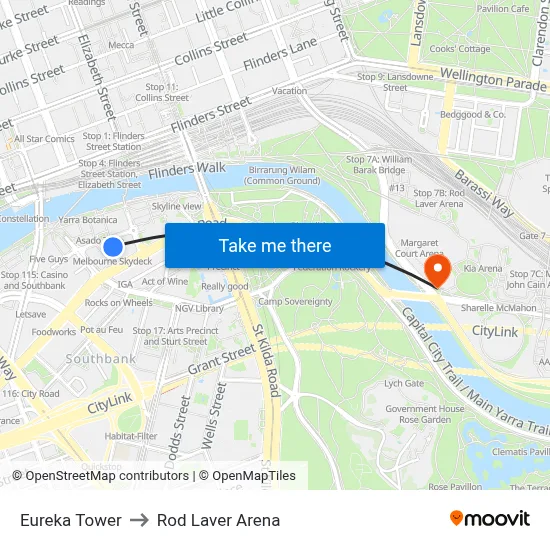 Eureka Tower to Rod Laver Arena map