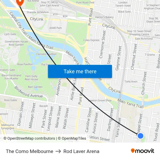 The Como Melbourne to Rod Laver Arena map