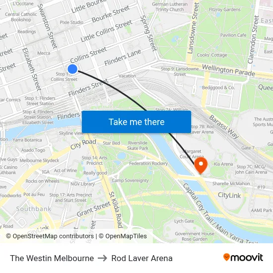 The Westin Melbourne to Rod Laver Arena map