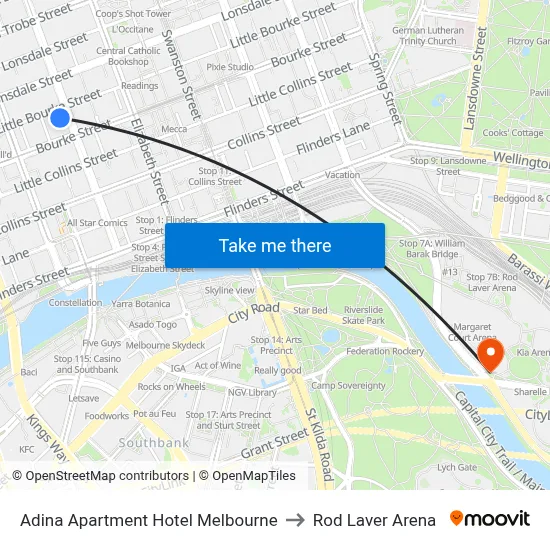 Adina Apartment Hotel Melbourne to Rod Laver Arena map