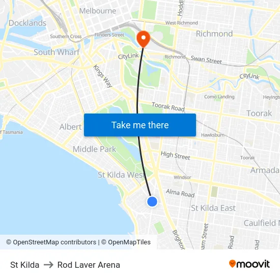 St Kilda to Rod Laver Arena map