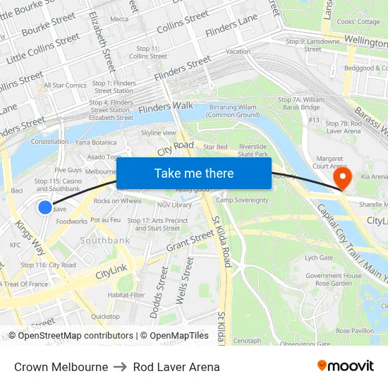 Crown Melbourne to Rod Laver Arena map