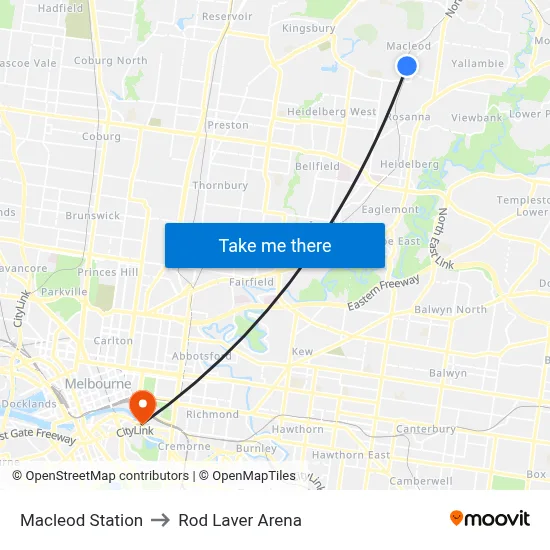Macleod Station to Rod Laver Arena map