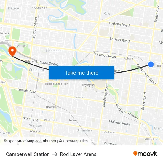 Camberwell Station to Rod Laver Arena map